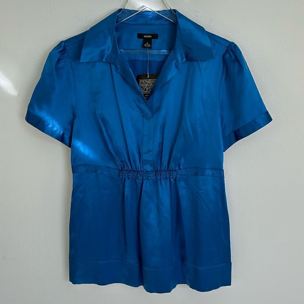 NWT Alfani Blue Silk Short Sleeve Blouse Gathered Waist Size 8